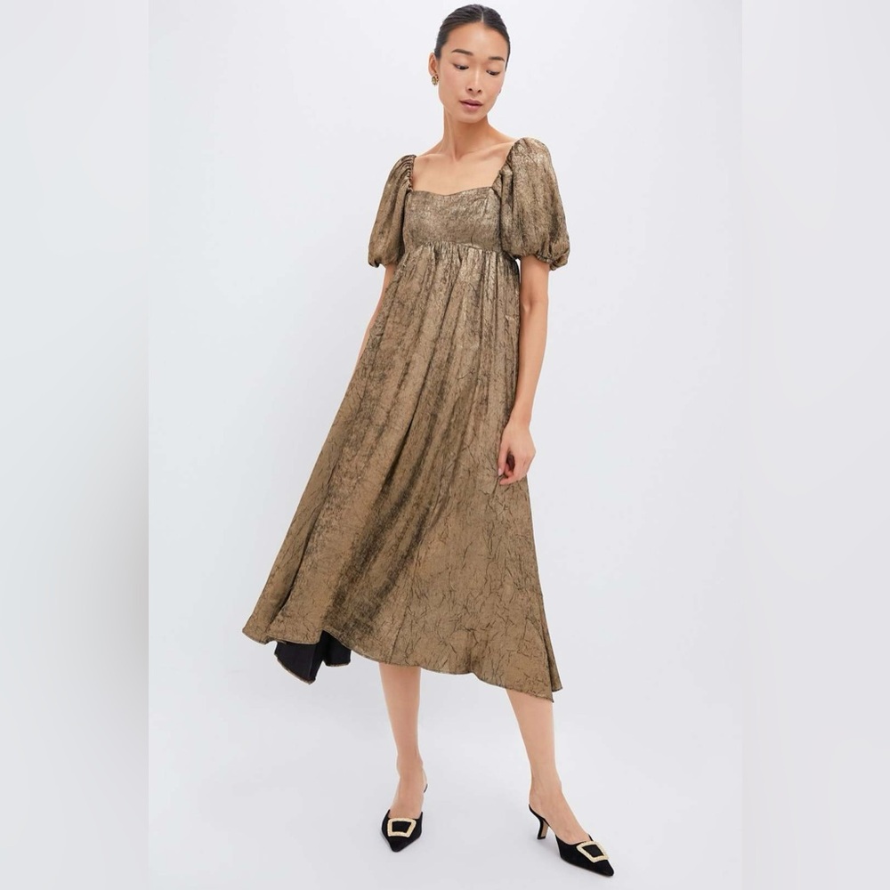 MOON RIVER Gold Shimmer Midi Dress Elegant Gold Puff Sleeve Dress M nwt - Picture 5 of 7